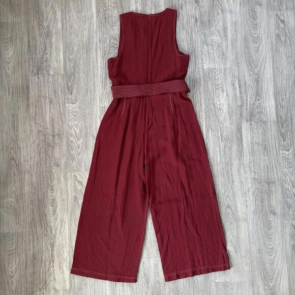 MANGO Women's Burgundy Belted Jumpsuit Small V Neck Viscose S nwt - Picture 7 of 8